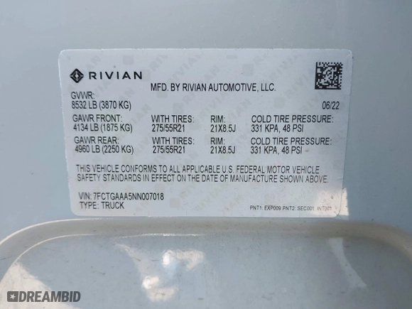 2022 Rivian R1T Adventure Package with VIN 7FCTGAAA5NN007018, listed as a IAAI auction lot 42018939 with 41,991 mi miles. Bid and sale history available at carsss.com. Image 9.