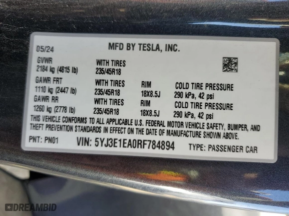 2024 Tesla Model 3 with VIN 5YJ3E1EA0RF784894, listed as a Copart auction lot 49793075 with 10,329 mi miles and Salvage Title. Bid and sale history available at carsss.com. Image 13.