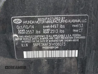 2015 Hyundai Sonata Limited with VIN 5NPE34AF3FH106073, listed as a IAAI auction lot 41705413 with 107,405 mi miles and . Bid and sale history available at carsss.com. Image 9.
