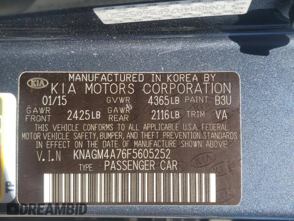 2015 Kia Optima LX with VIN KNAGM4A76F5605252, listed as a Copart auction lot 56244045 with 143,287 mi miles and Salvage title. Bid and sale history available at DreamBid. Image 12.