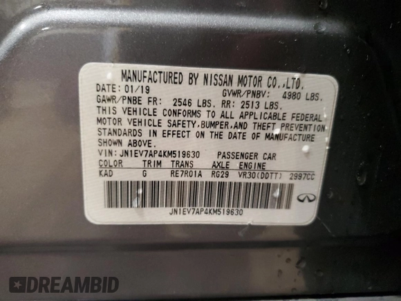2019 Infiniti Q50 Luxe with VIN JN1EV7AP4KM519630, listed as a Copart auction lot 51926895 with 92,947 mi miles and Salvage title. Bid and sale history available at DreamBid. Image 12.