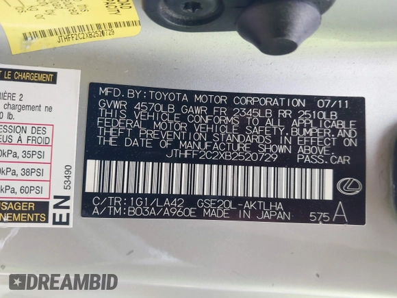 2011 Lexus IS 250 C with VIN JTHFF2C2XB2520729, listed as a IAAI auction lot 41952483 with 226,665 mi miles and . Bid and sale history available at DreamBid. Image 9.