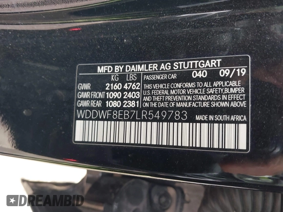2020 Mercedes-Benz C 300 with VIN WDDWF8EB7LR549783, listed as a IAAI auction lot 41887063 with 83,443 mi miles and . Bid and sale history available at DreamBid. Image 9.