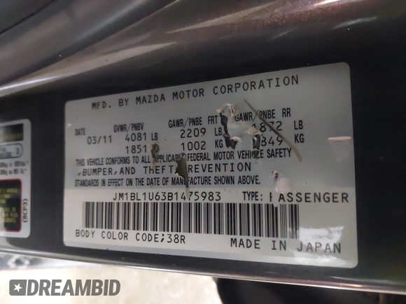 2011 Mazda 3 S Sport with VIN JM1BL1U63B1475983, listed as a IAAI auction lot 41375920 with 166,364 mi miles and . Bid and sale history available at DreamBid. Image 9.