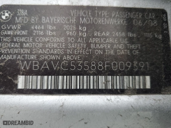 2008 BMW 3 Series 328i with VIN WBAVC53588F009391, listed as a Copart auction lot 48048925 with 124,860 mi miles and Salvage Title. Bid and sale history available at carsss.com. Image 12.