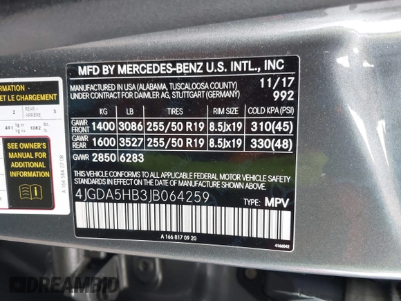 2018 Mercedes-Benz GLE 350 with VIN 4JGDA5HB3JB064259, listed as a IAAI auction lot 41502169 with 111,196 mi miles and . Bid and sale history available at DreamBid. Image 9.