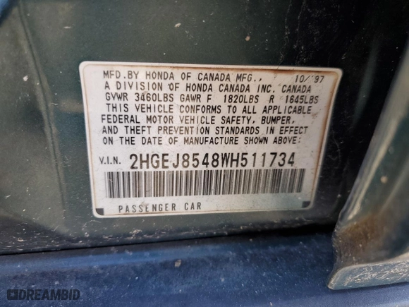 1998 Honda Civic EX with VIN 2HGEJ8548WH511734, listed as a Copart auction lot 46406175 with 215,785 mi miles and Salvage Title. Bid and sale history available at carsss.com. Image 13.