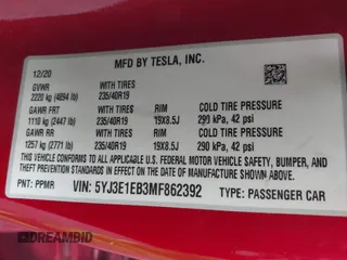 2021 Tesla Model 3 Long Range with VIN 5YJ3E1EB3MF862392, listed as a IAAI auction lot 41765987 with 51,915 mi miles and . Bid and sale history available at DreamBid. Image 9.