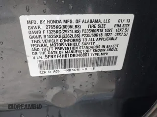 2013 Honda Pilot EX-L with VIN 5FNYF4H61DB040001, listed as a IAAI auction lot 41967020 with 109,862 mi miles and . Bid and sale history available at carsss.com. Image 9.