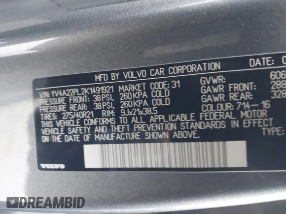 2019 Volvo XC90 Inscription with VIN YV4A22PL2K1491921, listed as a IAAI auction lot 41559874 with 76,790 mi miles and . Bid and sale history available at DreamBid. Image 9.