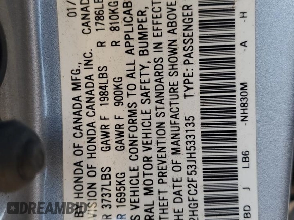 2018 Honda Civic Sedan LX with VIN 2HGFC2F53JH533135, listed as a Copart auction lot 46267795 with 82,801 mi miles and Salvage Title. Bid and sale history available at carsss.com. Image 15.