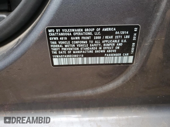 2014 Volkswagen Passat S with VIN 1VWAS7A35EC092113, listed as a Copart auction lot 78843894 with 130,492 mi miles and Salvage Title. Bid and sale history available at carsss.com. Image 14.