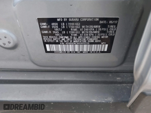 2017 Subaru Outback Limited with VIN 4S4BSENCXH3403220, listed as a IAAI auction lot 42008874 with 92,996 mi miles and . Bid and sale history available at DreamBid. Image 9.