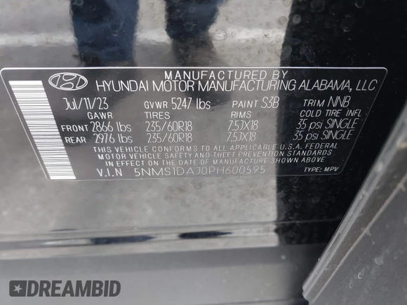 2023 Hyundai Santa Fe SE с VIN 5NMS1DAJ0PH600595, выставлен на аукционе IAAI как лот 42222512 с пробегом 16 853 миль миль и . История ставок и продаж доступна на DreamBid. Изображение 9.