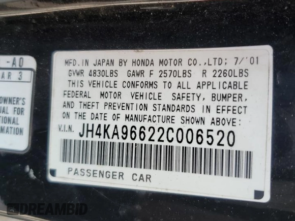 2002 Acura RL with VIN JH4KA96622C006520, listed as a Copart auction lot 63315055 with Not provided miles and Salvage title. Bid and sale history available at DreamBid. Image 12.