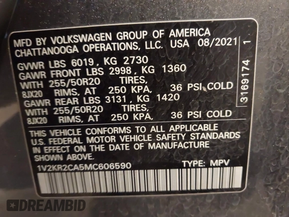2021 Volkswagen Atlas SE z VIN 1V2KR2CA5MC606590, wystawiony jako IAAI lot #42383813 z przebiegiem 45 087 mil mil oraz . Historia ofert i sprzedaży dostępna na DreamBid. Obrazek 9.