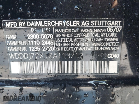 2007 Mercedes-Benz CLS 550 with VIN WDDDJ72X17A113712, listed as a IAAI auction lot 42068587 with 177,134 mi miles and . Bid and sale history available at DreamBid. Image 9.