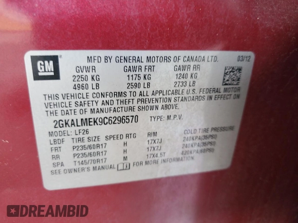 2012 GMC Terrain SLE-1 with VIN 2GKALMEK9C6296570, listed as a Copart auction lot 61337315 with 148,069 mi miles and Salvage title. Bid and sale history available at DreamBid. Image 12.