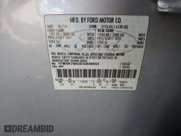 2014 Ford Explorer with VIN 1FM5K7B83EGB48553, listed as a Copart auction lot 61627855 with 175,748 mi miles and Salvage title. Bid and sale history available at DreamBid. Image 13.