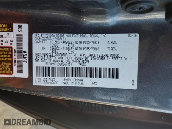 2016 Toyota Tundra 4WD Truck SR with VIN 5TFUM5F19GX067717, listed as a Copart auction lot 47219725 with 117,896 mi miles and Salvage Title. Bid and sale history available at carsss.com. Image 12.