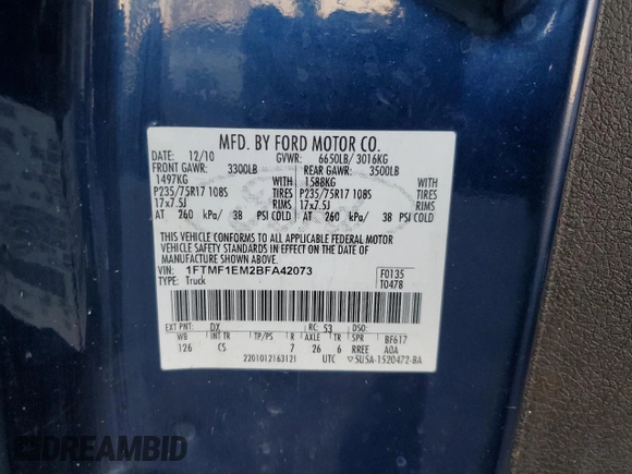 2011 Ford F-150 XL with VIN 1FTMF1EM2BFA42073, listed as a Copart auction lot 85560044 with Not provided miles and Salvage title. Bid and sale history available at DreamBid. Image 14.