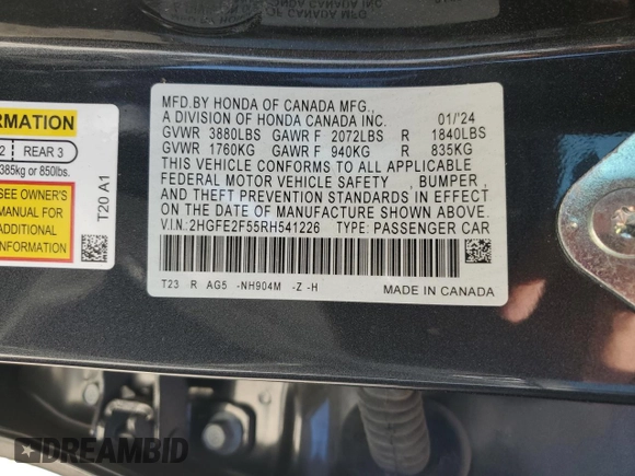 2024 Honda Civic Sport with VIN 2HGFE2F55RH541226, listed as a Copart auction lot 50337285 with 14,612 mi miles and Salvage Title. Bid and sale history available at DreamBid. Image 12.