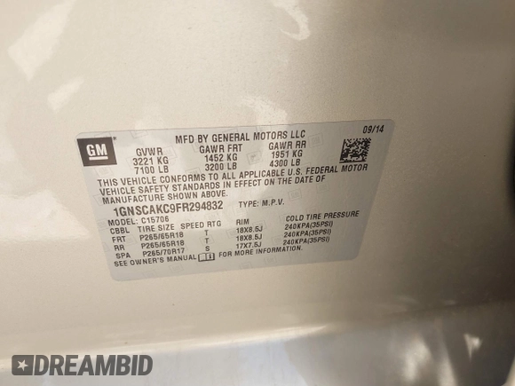 2015 Chevrolet Tahoe LS with VIN 1GNSCAKC9FR294832, listed as a IAAI auction lot 39274877 with 126,932 mi miles and . Bid and sale history available at DreamBid. Image 9.
