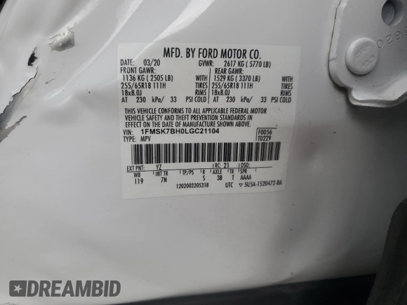 2020 Ford Explorer с VIN 1FMSK7BH0LGC21104, выставлен на аукционе Copart как лот 52684955 с пробегом 106 979 миль миль и Списание • Salvage title. История ставок и продаж доступна на DreamBid. Изображение 14.