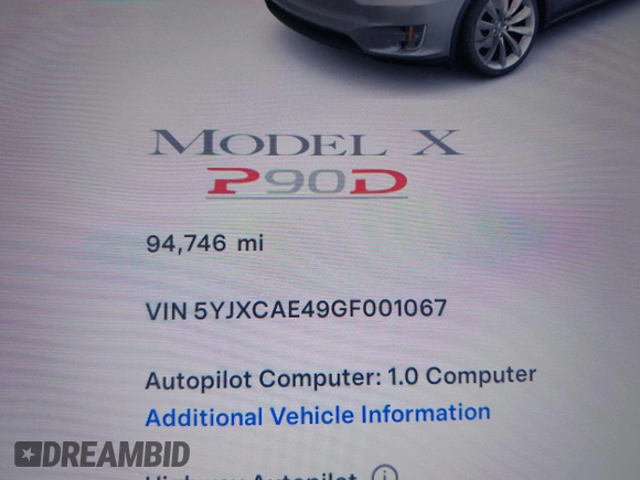 2016 Tesla Model X P90D with VIN 5YJXCAE49GF001067, listed as a IAAI auction lot 41980455 with 94,746 mi miles. Bid and sale history available at carsss.com. Image 15.