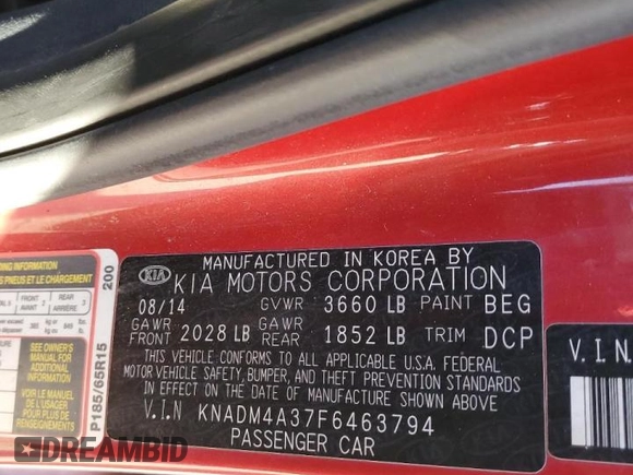 2015 Kia Rio LX with VIN KNADM4A37F6463794, listed as a Copart auction lot 46858735 with 164,081 mi miles and Salvage Title. Bid and sale history available at carsss.com. Image 14.