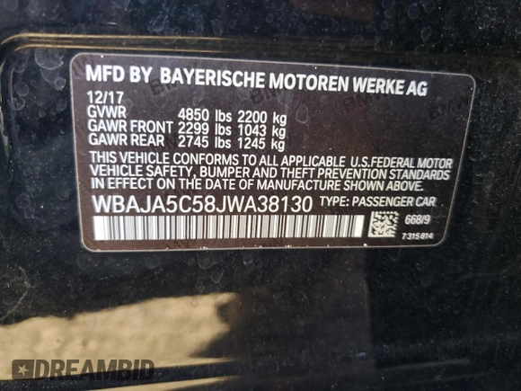 2018 BMW 5 Series 530i z VIN WBAJA5C58JWA38130, wystawiony jako Copart lot #48018525 z przebiegiem 133 533 mil mil oraz Szkoda całkowita • Salvage title. Historia ofert i sprzedaży dostępna na DreamBid. Obrazek 12.
