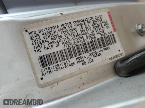 2001 Toyota Camry CE with VIN JT2BG22KX10577868, listed as a Copart auction lot 53745425 with 209,152 mi miles and Salvage Title. Bid and sale history available at carsss.com. Image 12.