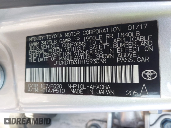 2017 Toyota Prius One with VIN JTDKDTB31H1593038, listed as a IAAI auction lot 41275842 with 63,099 mi miles and . Bid and sale history available at DreamBid. Image 9.