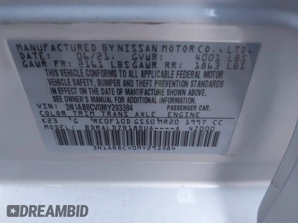 2021 Nissan Sentra SV with VIN 3N1AB8CV0MY293384, listed as a IAAI auction lot 41096159 with 53,916 mi miles and . Bid and sale history available at DreamBid. Image 9.