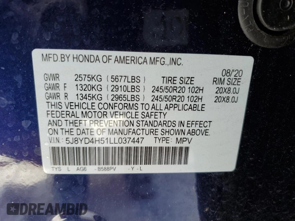 2020 Acura MDX w/Technology Pkg with VIN 5J8YD4H51LL037447, listed as a Copart auction lot 44859145 with 12,304 mi miles and Non Repairable. Bid and sale history available at carsss.com. Image 14.