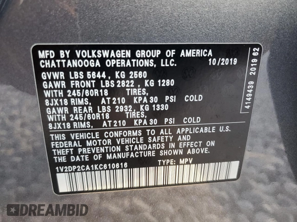 2019 Volkswagen Atlas SE with VIN 1V2DP2CA1KC610616, listed as a Copart auction lot 78749804 with 31,269 mi miles and Salvage title. Bid and sale history available at DreamBid. Image 15.