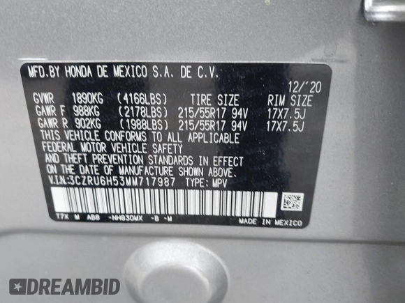 2021 Honda HR-V EX with VIN 3CZRU6H53MM717987, listed as a IAAI auction lot 41689340 with 26,723 mi miles. Bid and sale history available at carsss.com. Image 9.