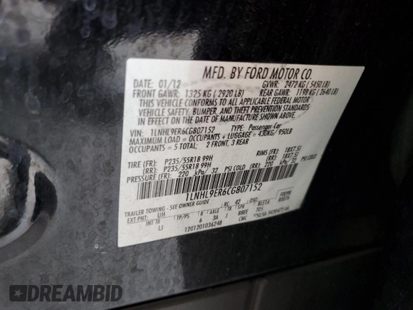2012 Lincoln MKS с VIN 1LNHL9ER6CG807152, выставлен на аукционе Copart как лот 56309925 с пробегом 105 338 миль миль и Списание • Salvage title. История ставок и продаж доступна на DreamBid. Изображение 13.