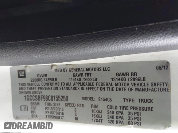 2012 Chevrolet Colorado Work Truck with VIN 1GCCSBF98C8155250, listed as a IAAI auction lot 41546531 with 120,758 mi miles. Bid and sale history available at carsss.com. Image 9.