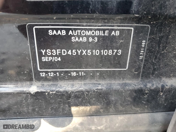 2005 Saab 9-3 with VIN YS3FD45YX51010873, listed as a Copart auction lot 68939264 with 0 mi miles and Salvage Title. Bid and sale history available at carsss.com. Image 13.