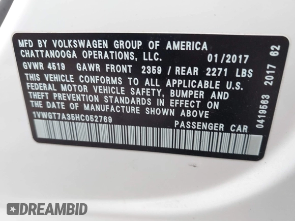 2017 Volkswagen Passat SE z VIN 1VWGT7A35HC052769, wystawiony jako IAAI lot #41687009 z przebiegiem 59 791 mil mil oraz . Historia ofert i sprzedaży dostępna na DreamBid. Obrazek 9.