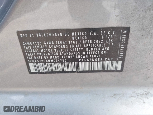 2021 Volkswagen Jetta S z VIN 3VWC57BU4MM094780, wystawiony jako IAAI lot #42103554 z przebiegiem 49 044 mil mil oraz . Historia ofert i sprzedaży dostępna na DreamBid. Obrazek 9.