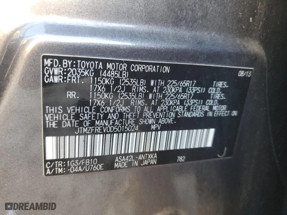 2013 Toyota RAV4 LE with VIN JTMZFREV0D5015024, listed as a Copart auction lot 85529364 with 67,196 mi miles and Salvage Title. Bid and sale history available at carsss.com. Image 14.