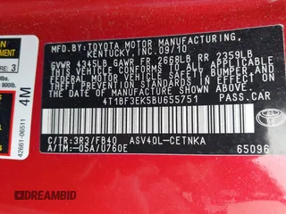 2011 Toyota Camry LE with VIN 4T1BF3EK5BU655751, listed as a IAAI auction lot 42092012 with 271,876 mi miles and . Bid and sale history available at DreamBid. Image 9.