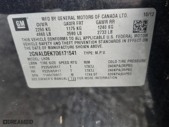 2013 Chevrolet Equinox LT with VIN 2GNALDEK7D6171541, listed as a Copart auction lot 60955594 with 219,699 mi miles and Non Repairable. Bid and sale history available at carsss.com. Image 13.