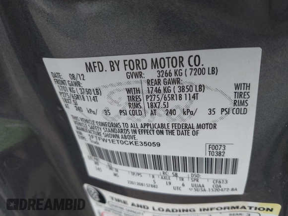 2012 Ford F-150 XL with VIN 1FTFW1ET0CKE35059, listed as a IAAI auction lot 41843853 with 183,544 mi miles. Bid and sale history available at carsss.com. Image 9.