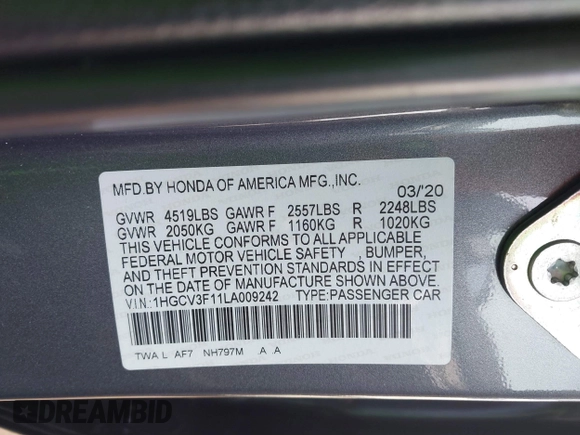 2020 Honda Accord with VIN 1HGCV3F11LA009242, listed as a IAAI auction lot 41516135 with 62,725 mi miles and . Bid and sale history available at DreamBid. Image 9.