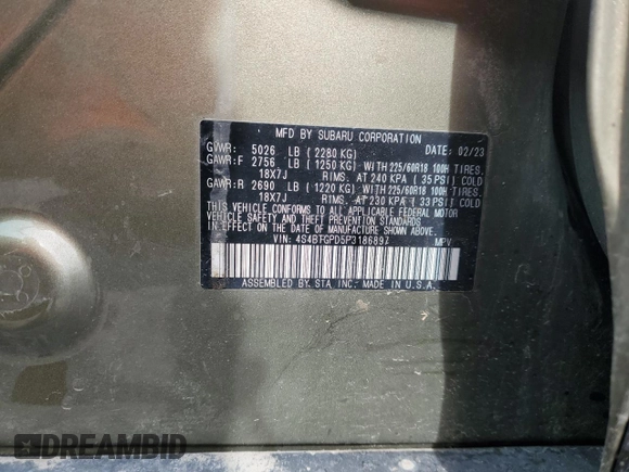 2023 Subaru Outback Touring XT with VIN 4S4BTGPD5P3186897, listed as a Copart auction lot 48678355 with 52,258 mi miles and Salvage title. Bid and sale history available at DreamBid. Image 13.