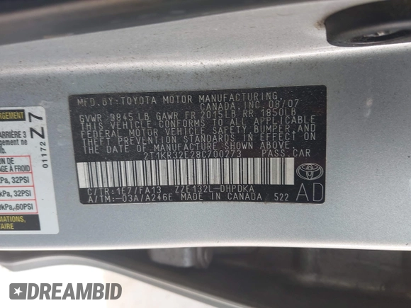 2008 Toyota Matrix STD with VIN 2T1KR32E28C700273, listed as a IAAI auction lot 42006015 with 223,646 mi miles and . Bid and sale history available at DreamBid. Image 9.