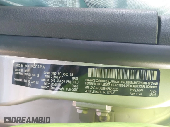 2019 Jeep Renegade Altitude with VIN ZACNJBBB9KPK32023, listed as a IAAI auction lot 41755279 with 84,101 mi miles and . Bid and sale history available at DreamBid. Image 9.